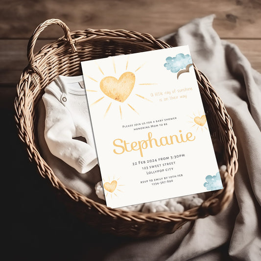 A little ray of sunshine editable baby shower invitation template, boho love heart sun party invite, customisable print, 5x7, 4x6, BS007