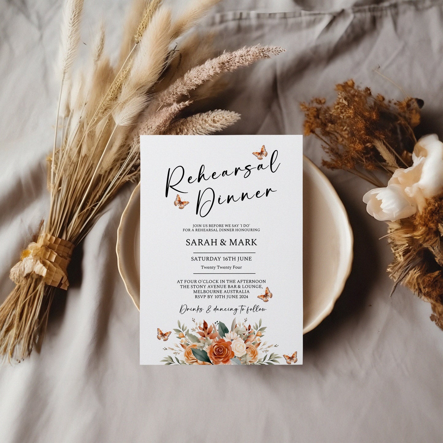 Rehearsal Dinner Invitation Template, Terracotta floral digital dinner invite,Burnt Orange Flowers, Edit with TEMPLETT, 4x6,5x7 WM003