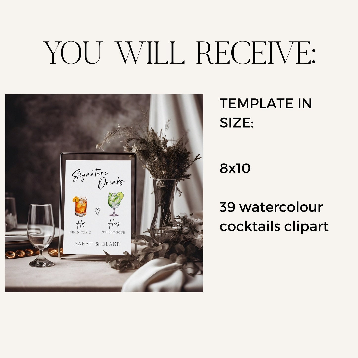 Signature Drinks Bar Menu - Editable Wedding Sign - Customizable His and Hers Cocktail Menu - Printable Wedding Drink Sign Digital Download