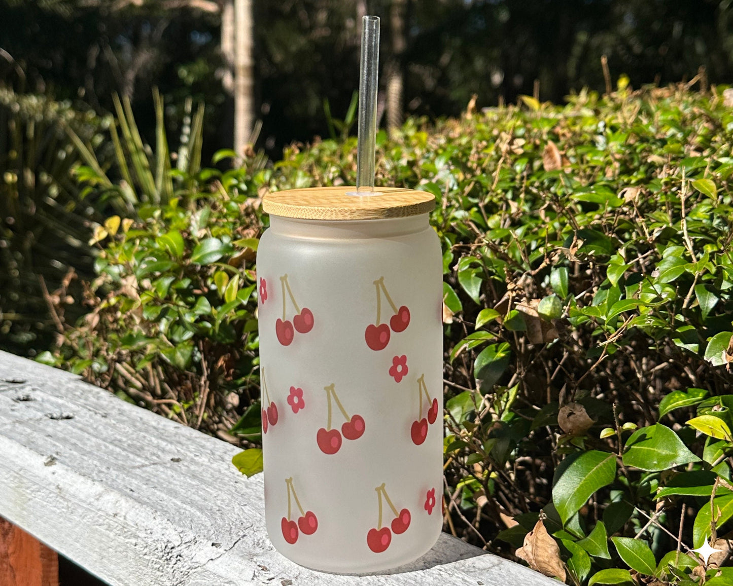 Cherry blossom 16oz frosted glass with bamboo lid and clear straw, sublimated vibrant design, Iced latte glass cup, latte jar, reusable mug