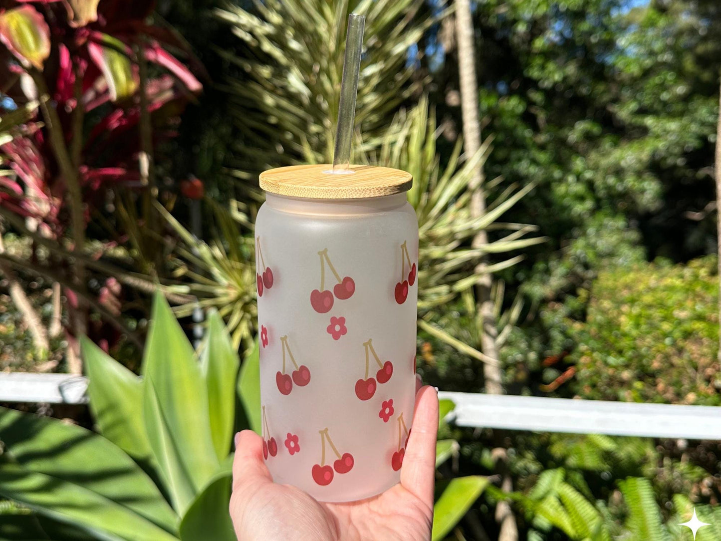 Cherry blossom 16oz frosted glass with bamboo lid and clear straw, sublimated vibrant design, Iced latte glass cup, latte jar, reusable mug